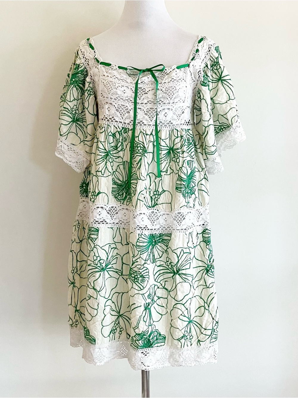 PLS READ Binetti Crochet Lace Floral Embroidered Swim Coverup Dress Sz 6 Green
